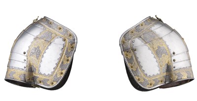 Lot 196 - **A PAIR OF PAULDRONS BY LUDWIG KLEIN OF DRESDEN IN THE SOUTH GERMAN STYLE OF THE LATE 16TH CENTURY