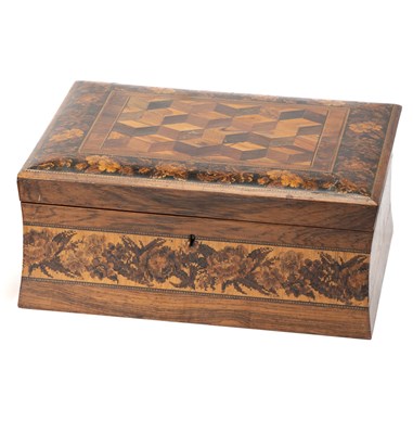 Lot 79 - A 'TUNBRIDGE WARE' ROSEWOOD DRESSING TABLE BOX, MID 19TH CENTURY