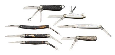 Lot 743 - A MINIATURE POCKET KNIFE, WRAGG & SON, SHEFFIELD, LATE 19TH/20TH CENTURY AND FOUR EXTRA THIN POCKET KNIVES