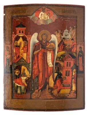 Lot 93 - AN ICON OF THE ARCHANGEL AND SCENES FROM THE LIFE OF SAINT ANNA, RUSSIAN, 19TH CENTURY