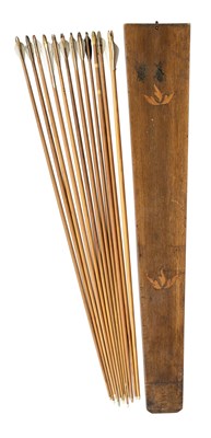 Lot 43 - AN ENGLISH WOODEN QUIVER, MID-19TH CENTURY, TWELVE ARROWS AND A CASED SET OF TEN ARROWS