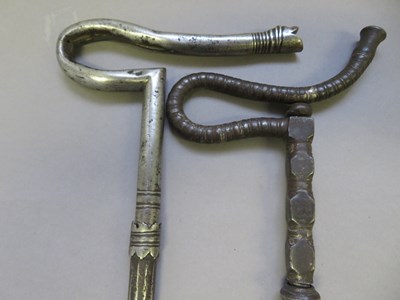 Lot 56 - â’¶ TWO INDIAN CRUTCH SWORDS (ZAFAR TAKIEH) FORMED ENTIRELY OF IRON, 19TH CENTURY