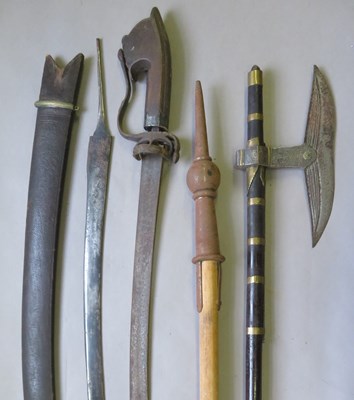 Lot 58 - â’¶ AN ARAB SWORD, AN INDIAN AXE, A DETACHED SWORD BLADE, A SCABBARD FOR A TALWAR AND TWO LANCE SHOES