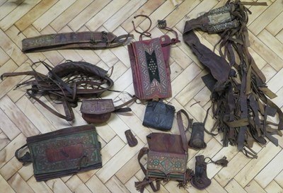 Lot 121 - TWO NORTH AFRICAN AMMUNITION POUCHES, A HOLSTER FOR A CARBINE AND FURTHER STRAPS AND POUCHES