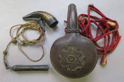 Lot 123 - A NORTH AFRICAN FLASK, A CHARGE FLASK AND A POWDER MEASURE, ALGERIA OR MOROCCO, 19TH CENTURY