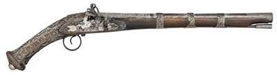 Lot 160 - â€¡ A RARE 18 BORE NORTH AFRICAN DECORATED SNAPHAUNCE PISTOL, MOROCCO, 18TH CENTURY