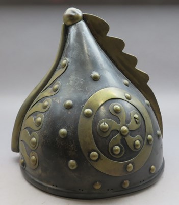 Lot 229 - â“Œ A BRASS-MOUNTED IRON HELMET, 20TH CENTURY, PROBABLY FOR THEATRICAL USE