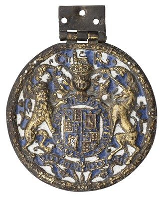 Lot 234 - â’¼ A VERY RARE ENGLISH ENAMELLED AND GILT COPPER-ALLOY CIRCULAR PLAQUE, LONDON, CIRCA 1660-70