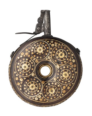 Lot 245 - A GERMAN CIRCULAR INLAID POWDER-FLASK, THIRD QUARTER OF THE 17TH CENTURY