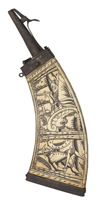 Lot 246 - A GERMAN ENGRAVED COW HORN POWDER-FLASK, EARLY 17TH CENTURY