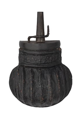 Lot 250 - A NORTH ITALIAN CUIR BOUILLI POWDER-FLASK, LAST QUARTER OF THE 16TH CENTURY
