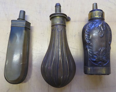 Lot 252 - â€¡ A THREE-WAY POWDER-FLASK, A SMALL POWDER-FLASK, AND A FRENCH PISTOL FLASK