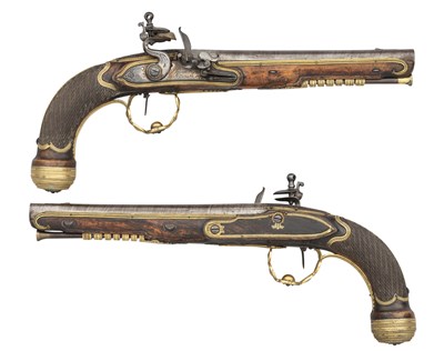 Lot 278 - â€¡ A PAIR OF 22 BORE FLEMISH FLINTLOCK RIFLED OFFICER'S PISTOLS SIGNED LE PAGE ET FILS, CIRCA 1820