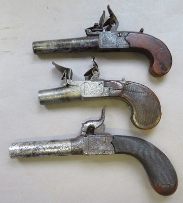 Lot 284 - â’¶ A FLINTLOCK POCKET PISTOL, A FRENCH FLINTLOCK POCKET PISTOL, AND A PERCUSSION POCKET PISTOL