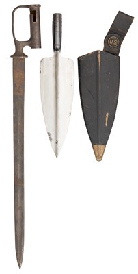 Lot 365 - â’¶ AN 1841 PATTERN SAPPERS AND MINERS BAYONET, A US TROWEL BAYONET, AND THREE FURTHER BAYONETS