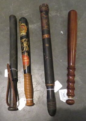 Lot 374 - â’¶ THREE PAINTED TRUNCHEONS, 19TH/20TH CENTURY