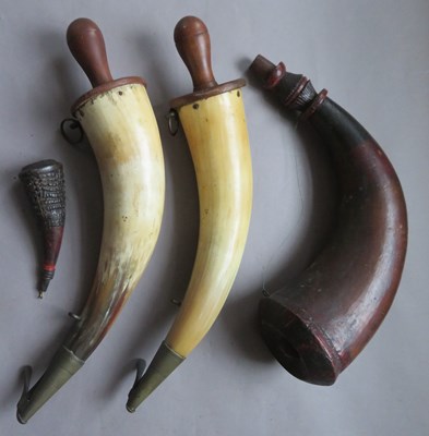 Lot 497 - â’¶ TWO GUNNER'S FLASKS AND TWO DECORATIVE FLASKS