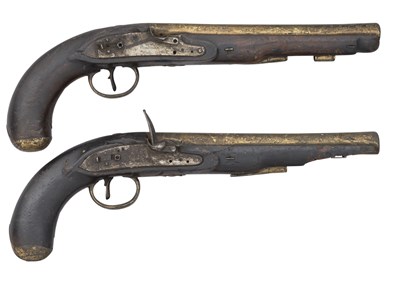 Lot 533 - â’¶ TWO 18 BORE FLINTLOCK MAIL COACH PISTOLS BY H.W.MORTIMER, NOS. 95 & 112, AND ANOTHER PISTOL