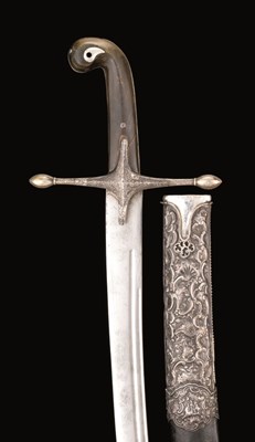 Lot 65 - A FINE SILVER-MOUNTED OTTOMAN GREEK SHAMSHIR PRESENTED BY THE PACHA OF CANDIA TO CAPTAIN F.T.MICHELL