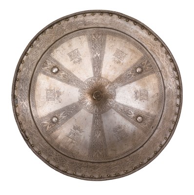 Lot 162 - A CIRCULAR STEEL SHIELD IN 16TH CENTURY STYLE