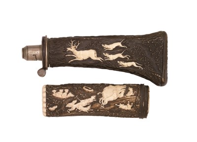 Lot 165 - A SOUTH GERMAN CARVED STAGHORN POWDER-FLASK AND BOX