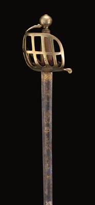 Lot 199 - A RARE BRITISH BRASS BASKET-HILTED BACK SWORD
