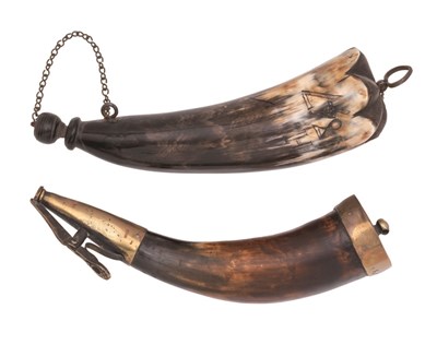 Lot 261 - A BRASS-MOUNTED POWDER HORN