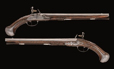 Lot 266 - A FINE AND RARE PAIR OF 22 BORE FRENCH FLINTLOCK LONG HOLSTER PISTOLS BY PIRAUBE AUX GALLERIES A PAR