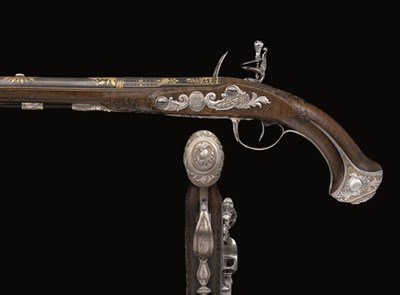 Lot 269 - A FINE PAIR OF 25 BORE FRENCH SILVER-MOUNTED FLINTLOCK PISTOLS BY BARGE