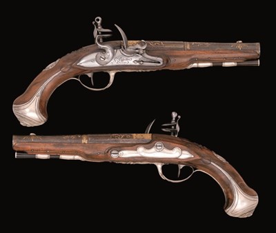 Lot 271 - A PAIR OF 22 BORE FRENCH FLINTLOCK PISTOLS BY C. GAGNIERE A ST ETIENNE