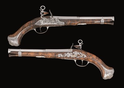 Lot 273 - A FINE PAIR OF 18 BORE SPANISH MADRID-LOCK PISTOLS BY DIEGO VENTURA