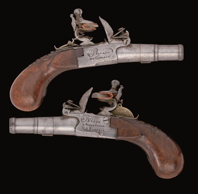 Lot 274 - A PAIR OF 80 BORE FRENCH FLINTLOCK POCKET PISTOLS BY MION