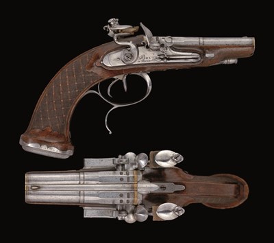 Lot 275 - A PAIR OF 42 BORE D.B. FRENCH FLINTLOCK TRAVELLING PISTOLS BY BOUTET A VERSAILLES