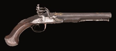 Lot 278 - A 25 BORE FRENCH D.B. SILVER-MOUNTED FLINTLOCK PISTOL BY PUIFORCAT ARQUEBUSIER DU ROI A PARIS