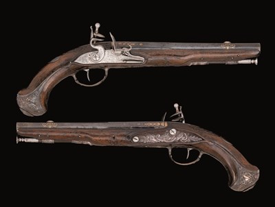 Lot 282 - A PAIR OF 22 BORE FRENCH FLINTLOCK PISTOLS BY JEAN GRIOTTIERE