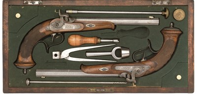 Lot 314 - A CASED PAIR OF 54 BORE POLISH PERCUSSION RIFLED TARGET PISTOLS BY J. PETERSCHÃœTZ IN PITSCHEN