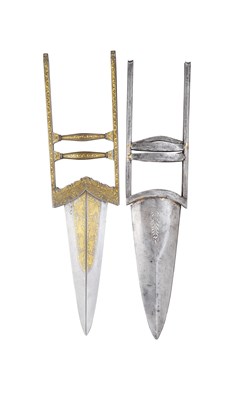 Lot 106 - **AN INDIAN FOLDING DAGGER (KATAR) AND AN INDIAN DOUBLE DAGGER (KATAR)