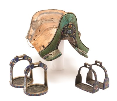 Lot 13 - A CHINESE CLOISONNÃ‰-MOUNTED SADDLE AND STIRRUPS