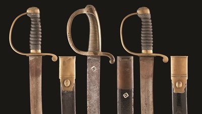 Lot 152 - A FRENCH MODEL 1816 INFANTRY BRIQUET AND TWO VICTORIAN PRISON OFFICER'S SWORDS