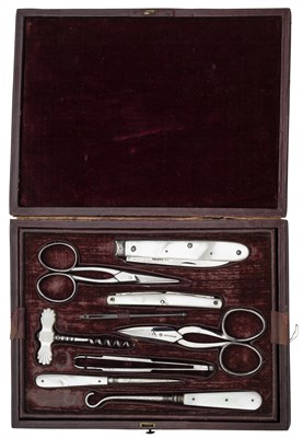 Lot 757 - A MOTHER-OF-PEARL MOUNTED MANICURE SET, MACDANIEL, OXFORD STREET, EARLY 20TH CENTURY AND A CASED PAIR OF FRENCH SCISSORS, 20TH CENTURY