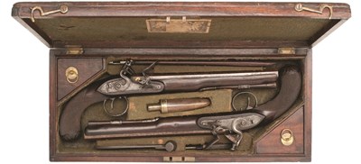 Lot 407 - A FINE CASED PAIR OF 38 BORE FLINTLOCK DUELLING PISTOLS BY JOHN MANTON & SON