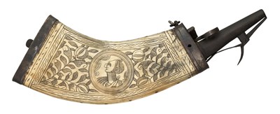 Lot 485 - A GERMAN ENGRAVED COWHORN POWDER-FLASK