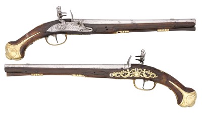 Lot 505 - A PAIR OF 20 BORE SOUTH GERMAN FLINTLOCK HOLSTER PISTOLS
