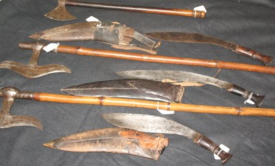 Lot 37 - THREE INDIAN AXES AND THREE GHURKHA KUKRI KNIVES