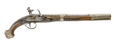 Lot 88 - AN 18 BORE OTTOMAN SILVER-MOUNTED FLINTLOCK PISTOL