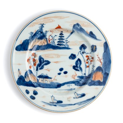 Lot 33 - A CHINESE UNDERGLAZE-BLUE AND IRON-RED 'LANDSCAPE' PLATE, QING DYNASTY, QIANLONG PERIOD (1736-95)