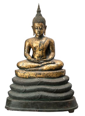 Lot 774 - A LARGE BRONZE FIGURE OF BUDDHA WITH MUCALINDA, THAILAND, 16TH/17TH CENTURY