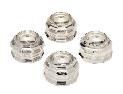 Lot 147 - A SET OF FOUR GEORGE I SILVER TRENCHER SALTS, EBENEZER ROE, LONDON, 1714/15