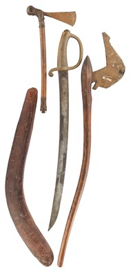 Lot 166 - TWO AFRICAN AXES, A BOOMERANG AND A FRENCH MODEL 1816 INFANTRY SHORTSWORD (BRIQUET)