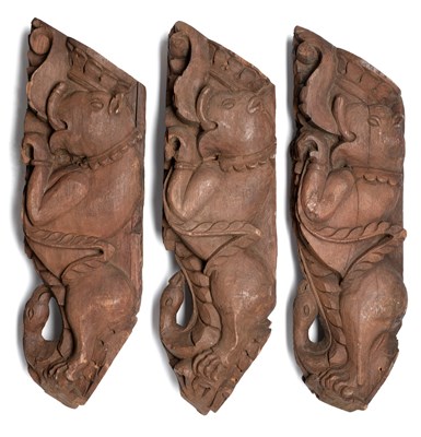 Lot 649 - THREE CARVED WOOD STRUTS, TAMIL NADU, SOUTH INDIA, 19TH CENTURY
